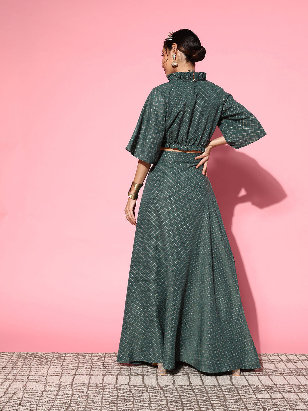 InWeave Women's Hunter Green Gold Crop Top With Side Slit Skirt