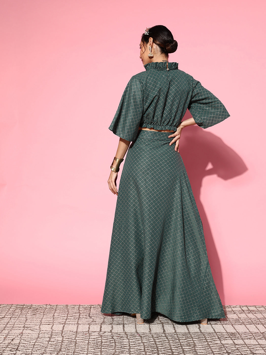 InWeave Women's Hunter Green Gold Crop Top With Side Slit Skirt