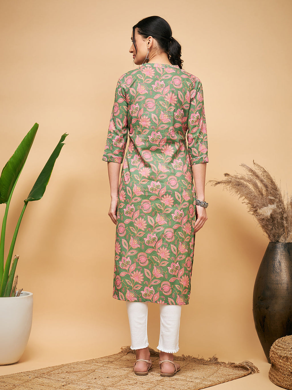 InWeave Women's Green Pink Floral Angrakha Straight Kurta