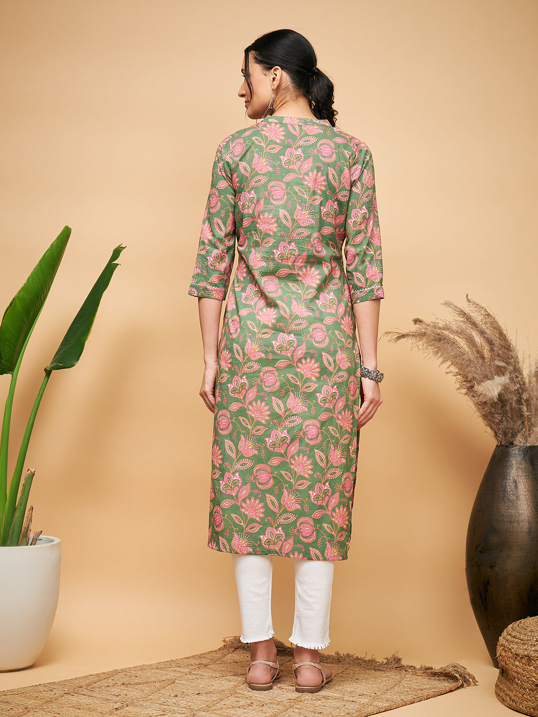 InWeave Women's Green Pink Floral Angrakha Straight Kurta