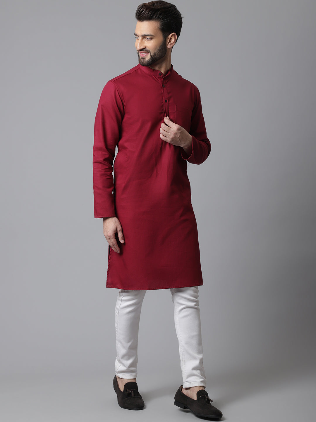 Even Apparels Maroon Pure Cotton Kurta With Band Collar