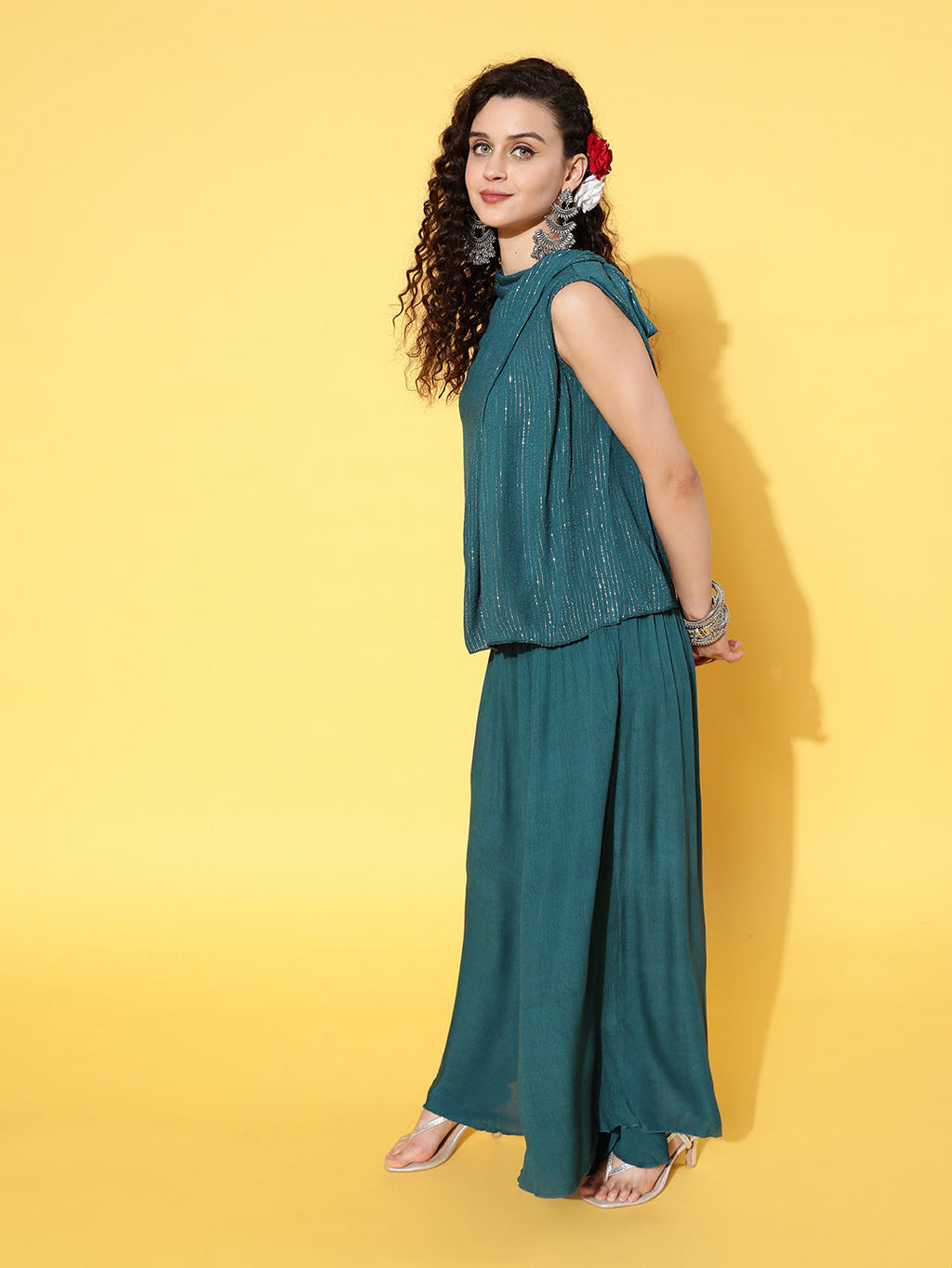 InWeave Women's Teal Lurex Top With Flared Pallazo