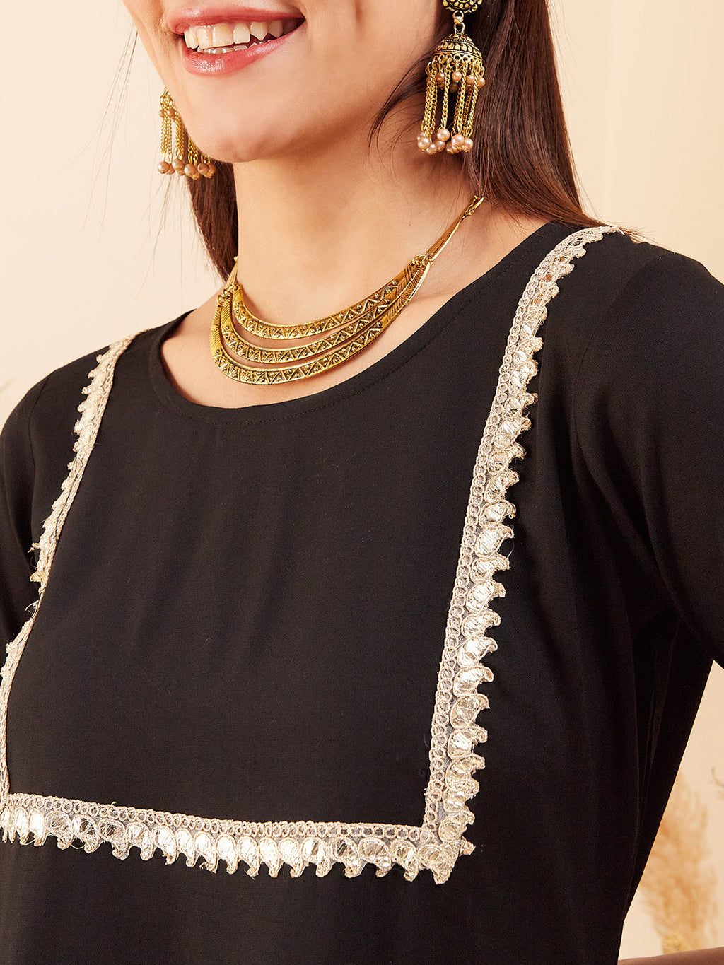 InWeave Women's Black Round Neck Square Gota Work Kurta Pant Set