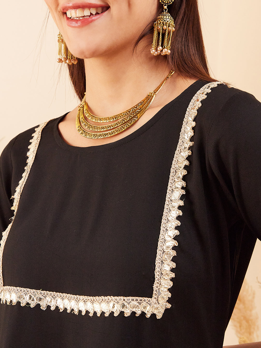InWeave Women's Black Round Neck Square Gota Work Kurta Pant Set
