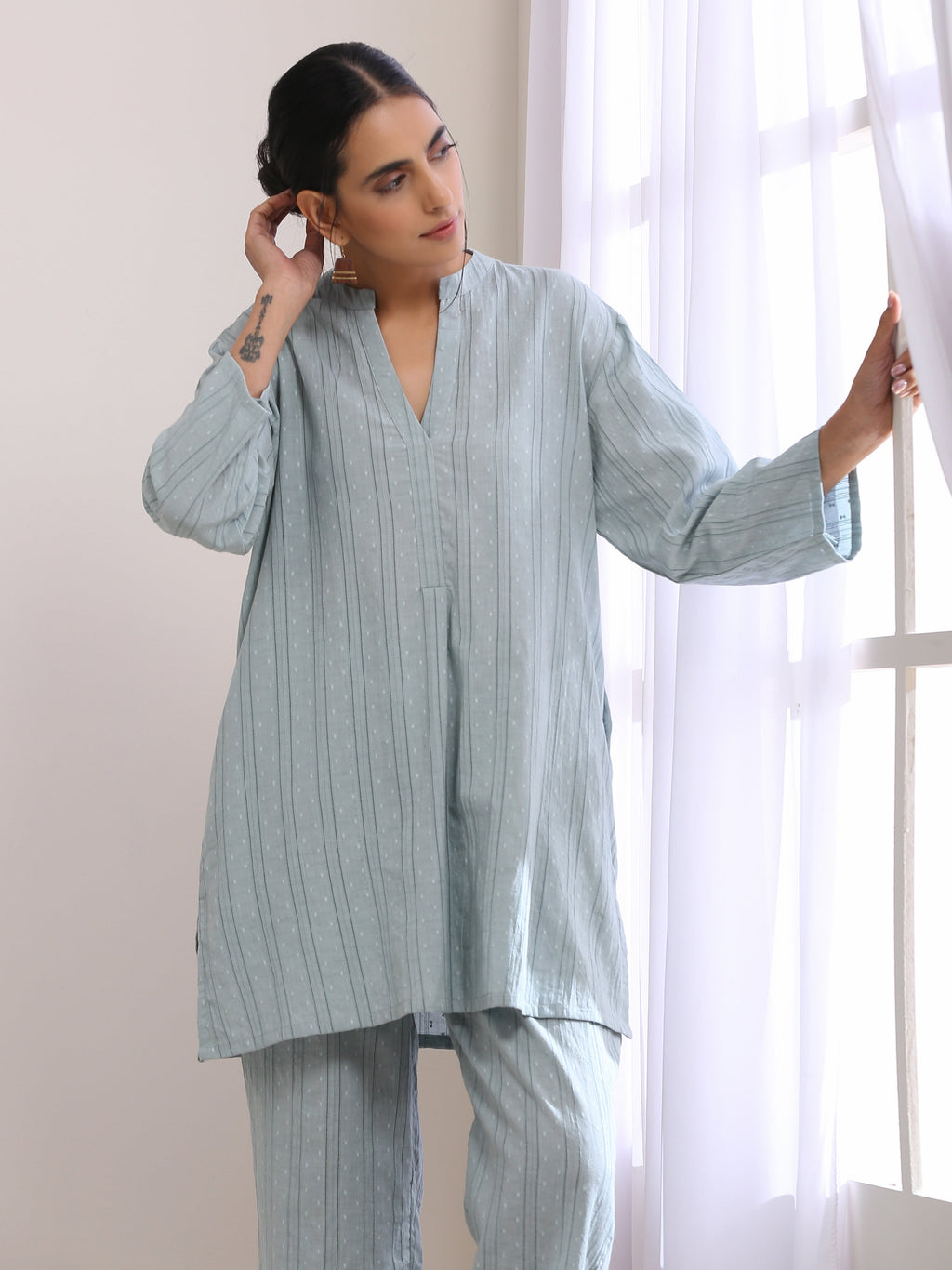 trueBrowns Eggshell Blue Dobby Relaxed Fit Co-Ord Set