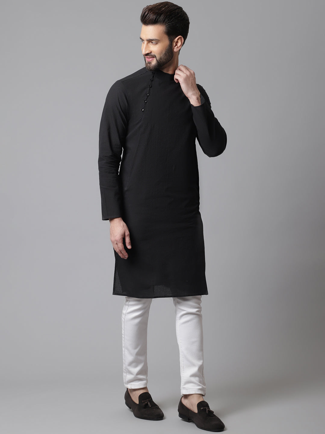 Even Apparels Black Solid Kurta With Band Collar