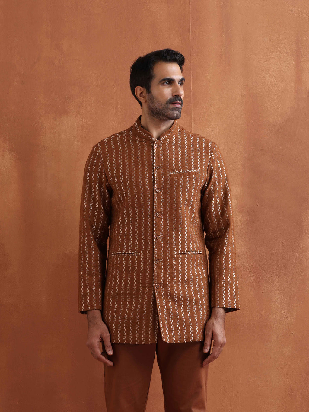 trueBrowns Men's Brown Cotton Dobby Long Jacket