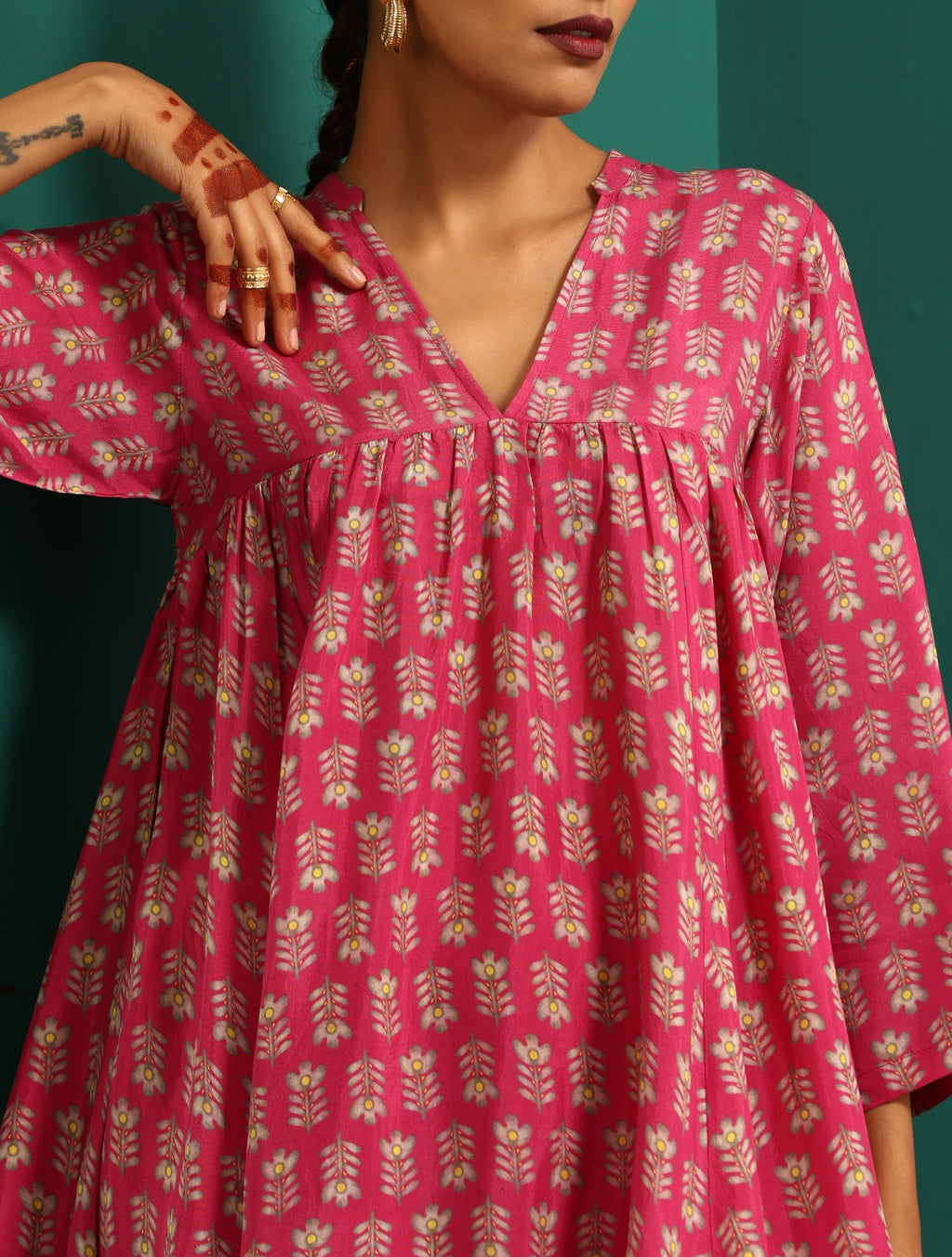 trueBrowns Pink Leaf Muslin Silk Printed Yoke Gathered Co-ord Set