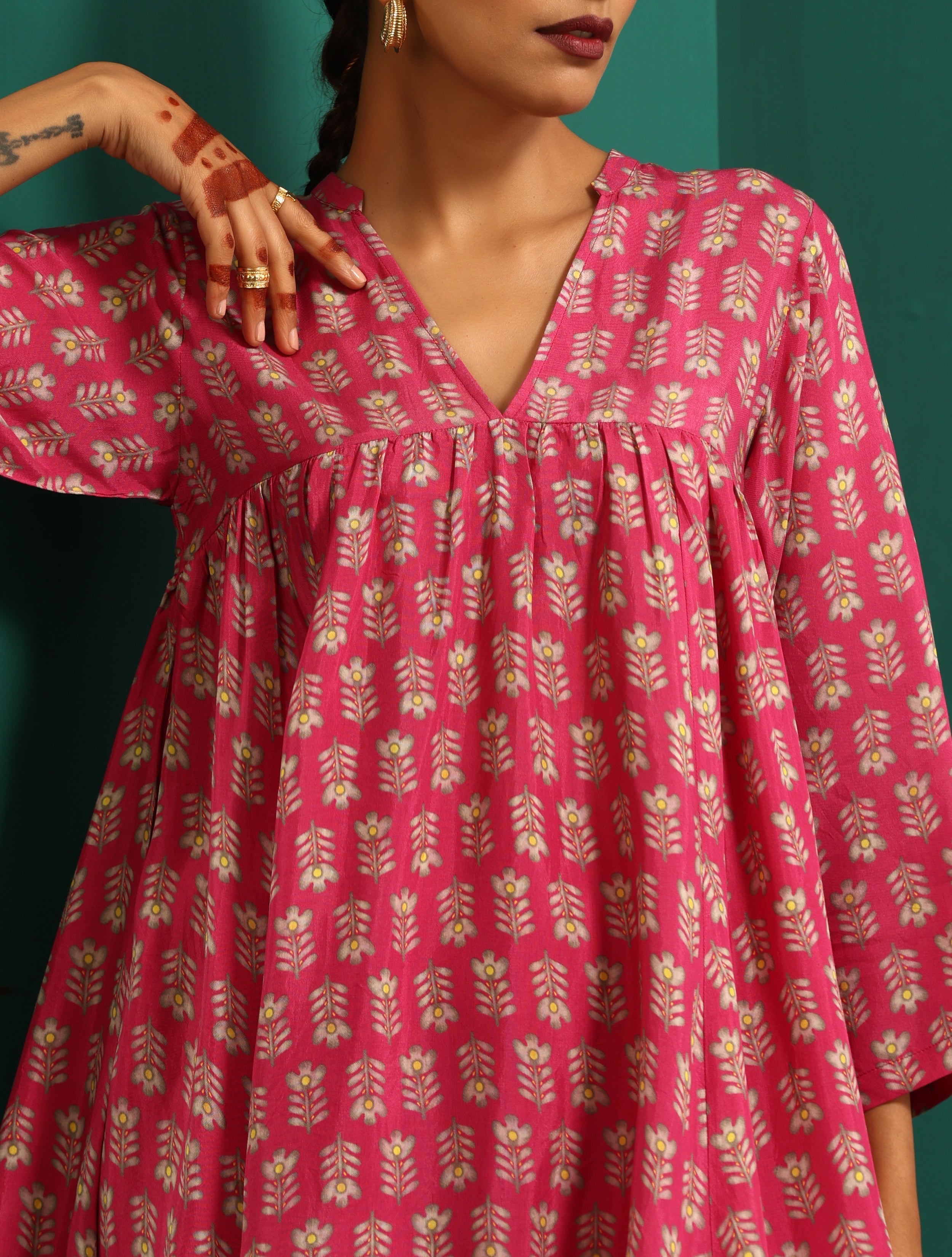 trueBrowns Pink Leaf Muslin Silk Printed Yoke Gathered Co-ord Set
