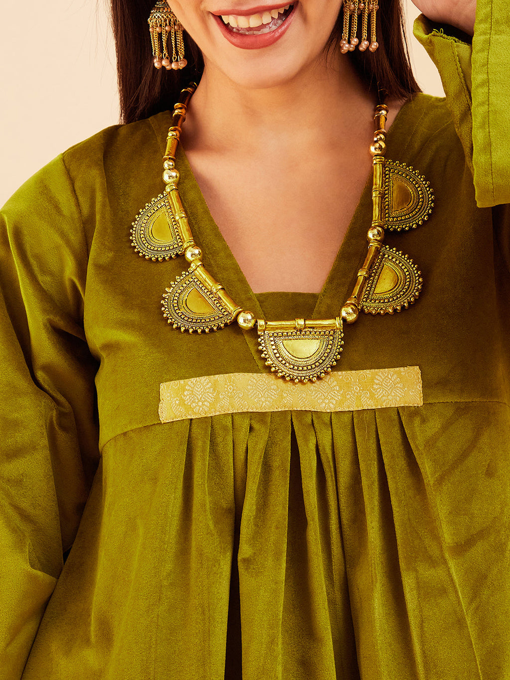 InWeave Women's Olive V Neck Asymmetrical Pleated Velvet Kurta Set
