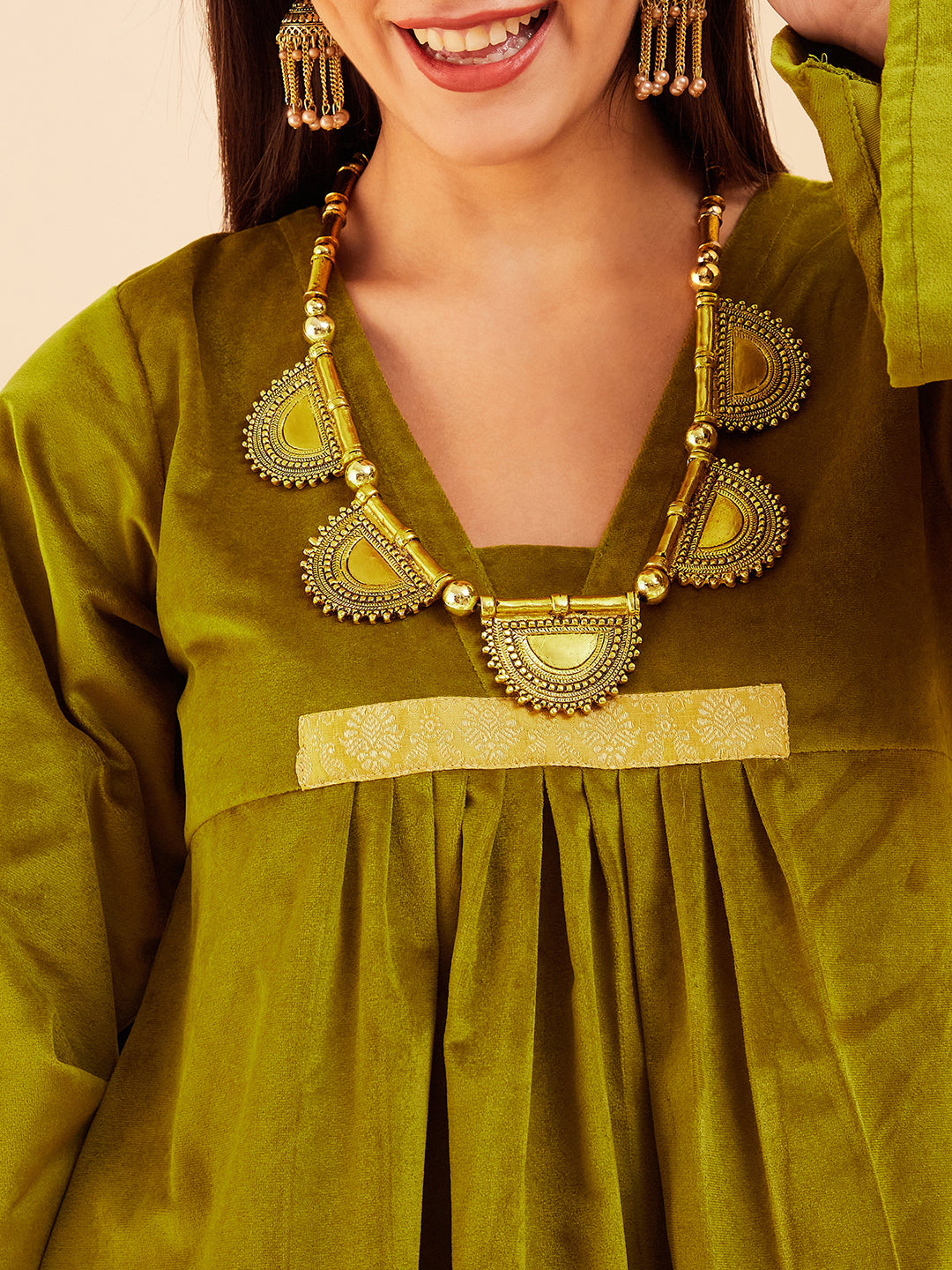 InWeave Women's Olive V Neck Asymmetrical Pleated Velvet Kurta Set