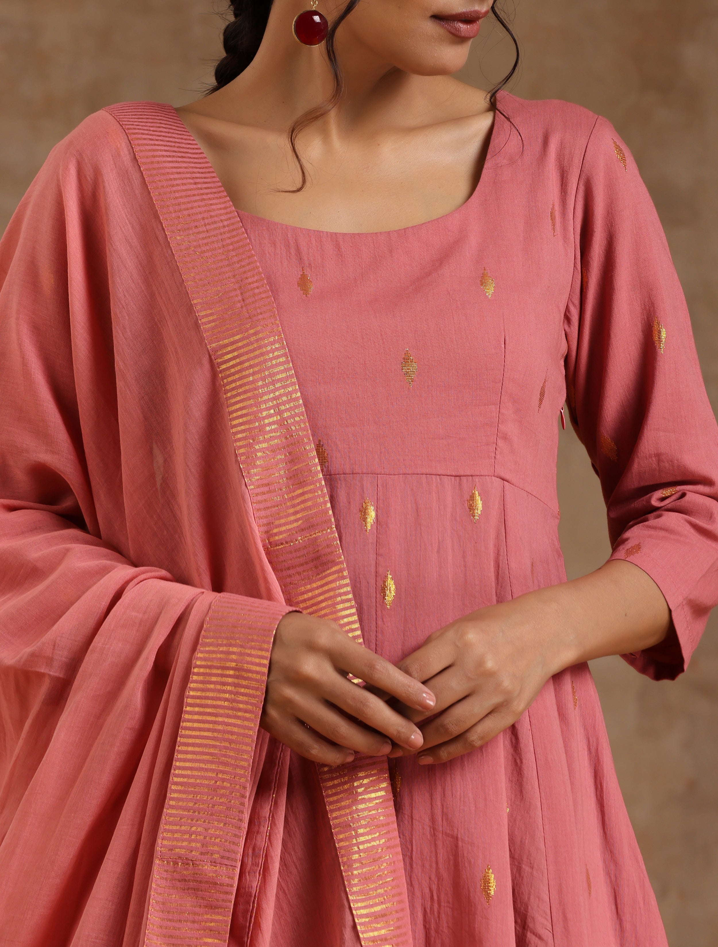 trueBrowns Blush Gold Cotton Anarkali Set