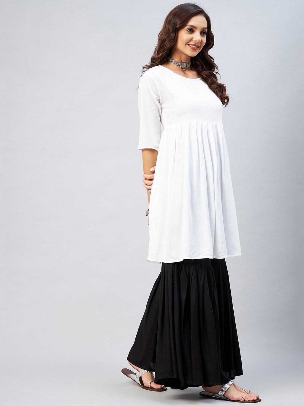 InWeave Women's Cream Short Anarkali Kurta
