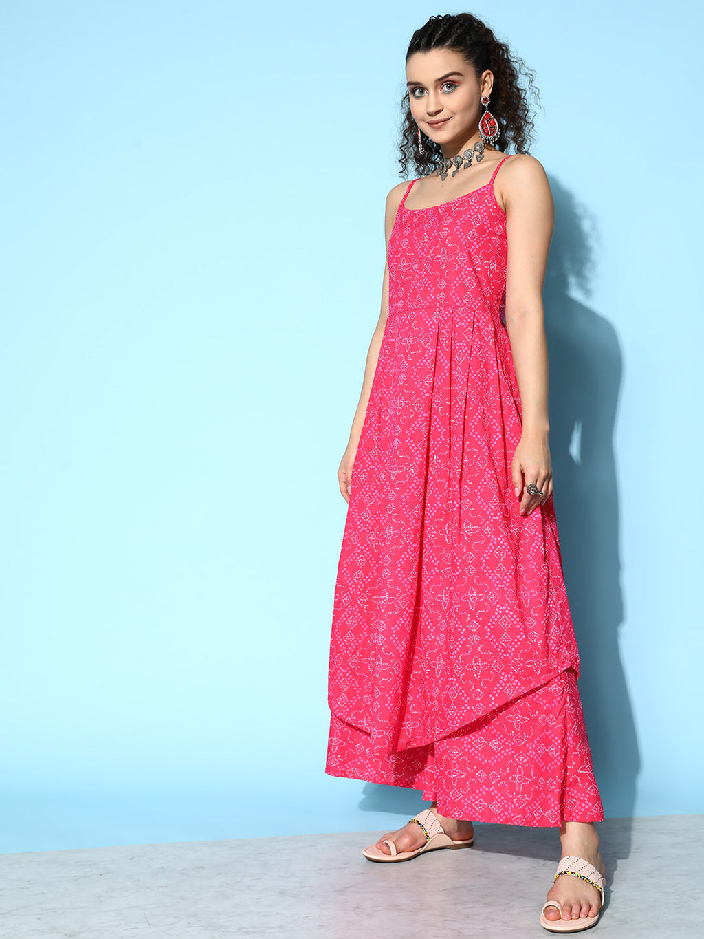InWeave Women's Pink Bandhani Strappy Kurta Set