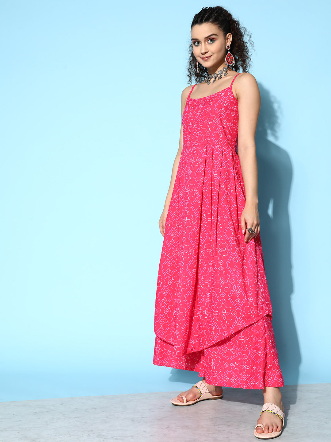 InWeave Women's Pink Bandhani Strappy Kurta Set