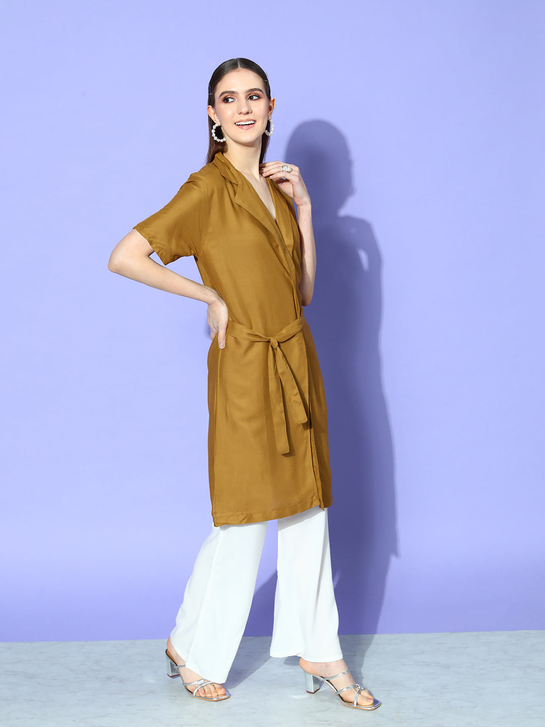 InWeave Women's Camel Brown Cream Pant Coord Set With White Butterfly Scarf