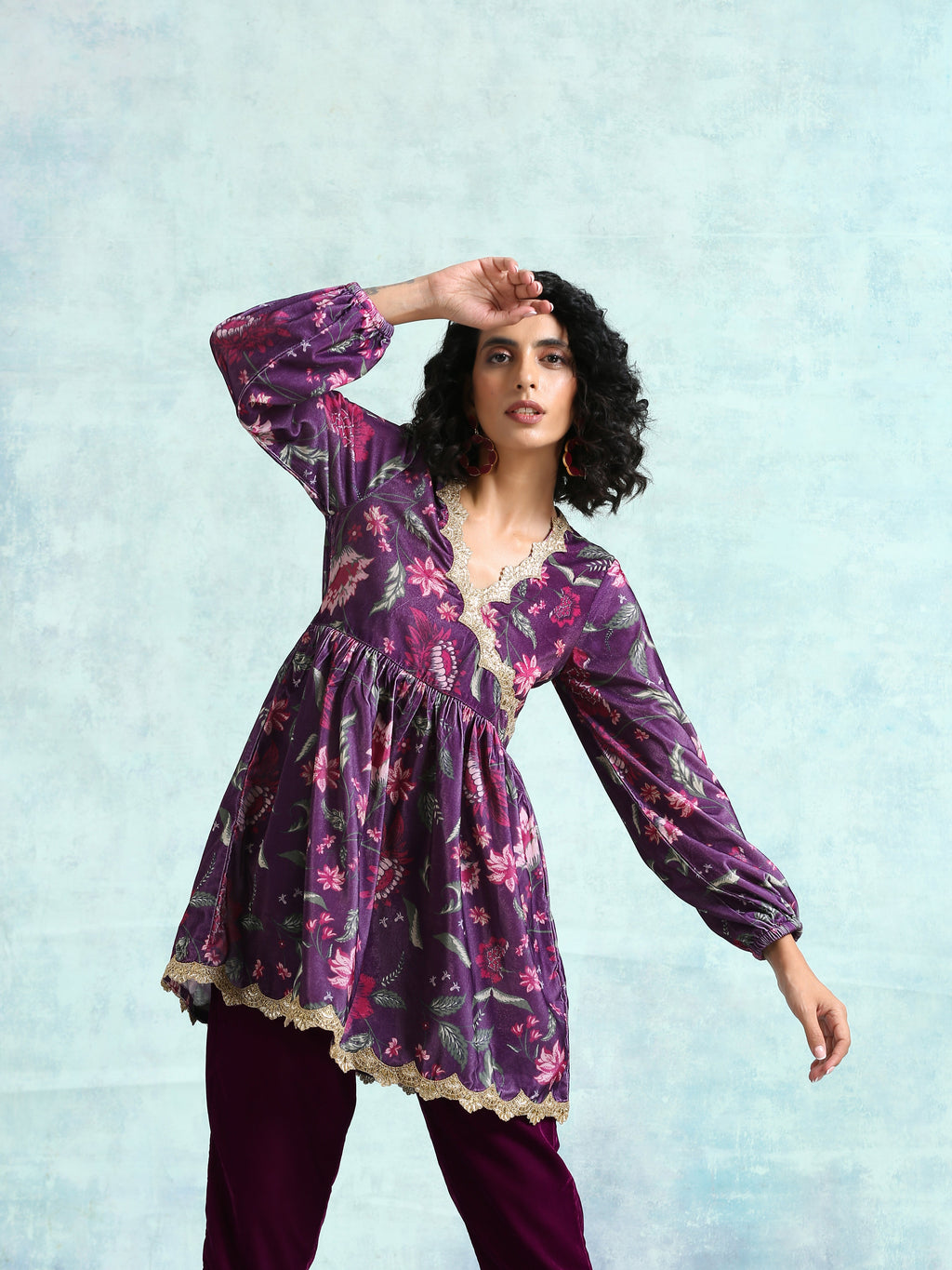 trueBrowns Wine Printed Velvet Lace Co-Ord Set