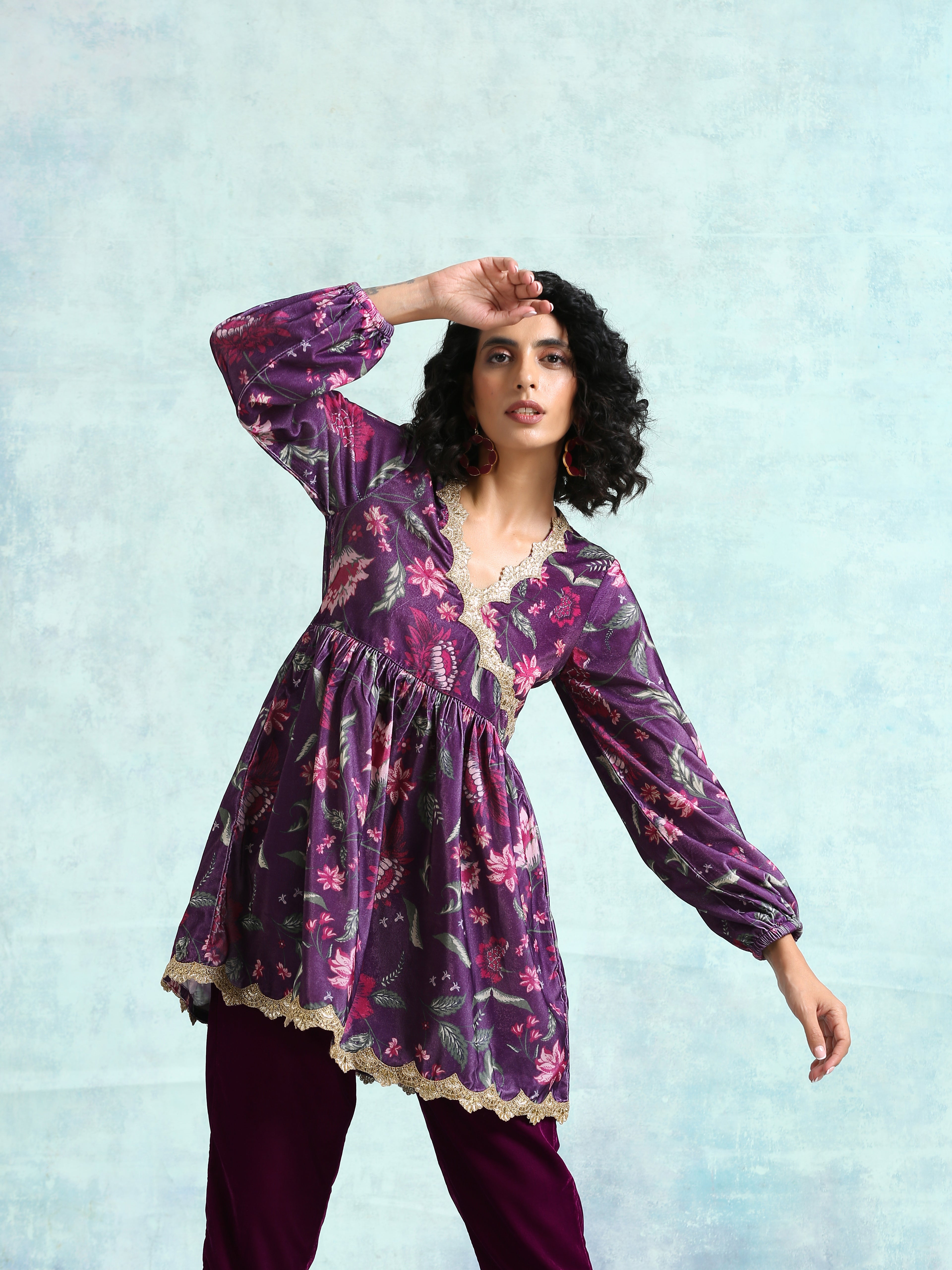 trueBrowns Wine Printed Velvet Lace Co-Ord Set