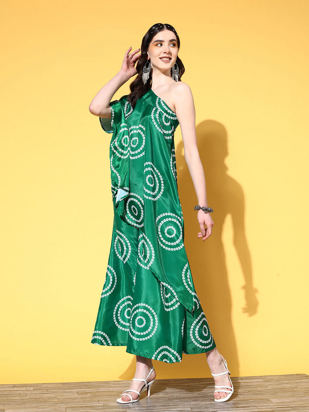 InWeave Women's Green Bandhani Motif One Shoulder Palazzo Set