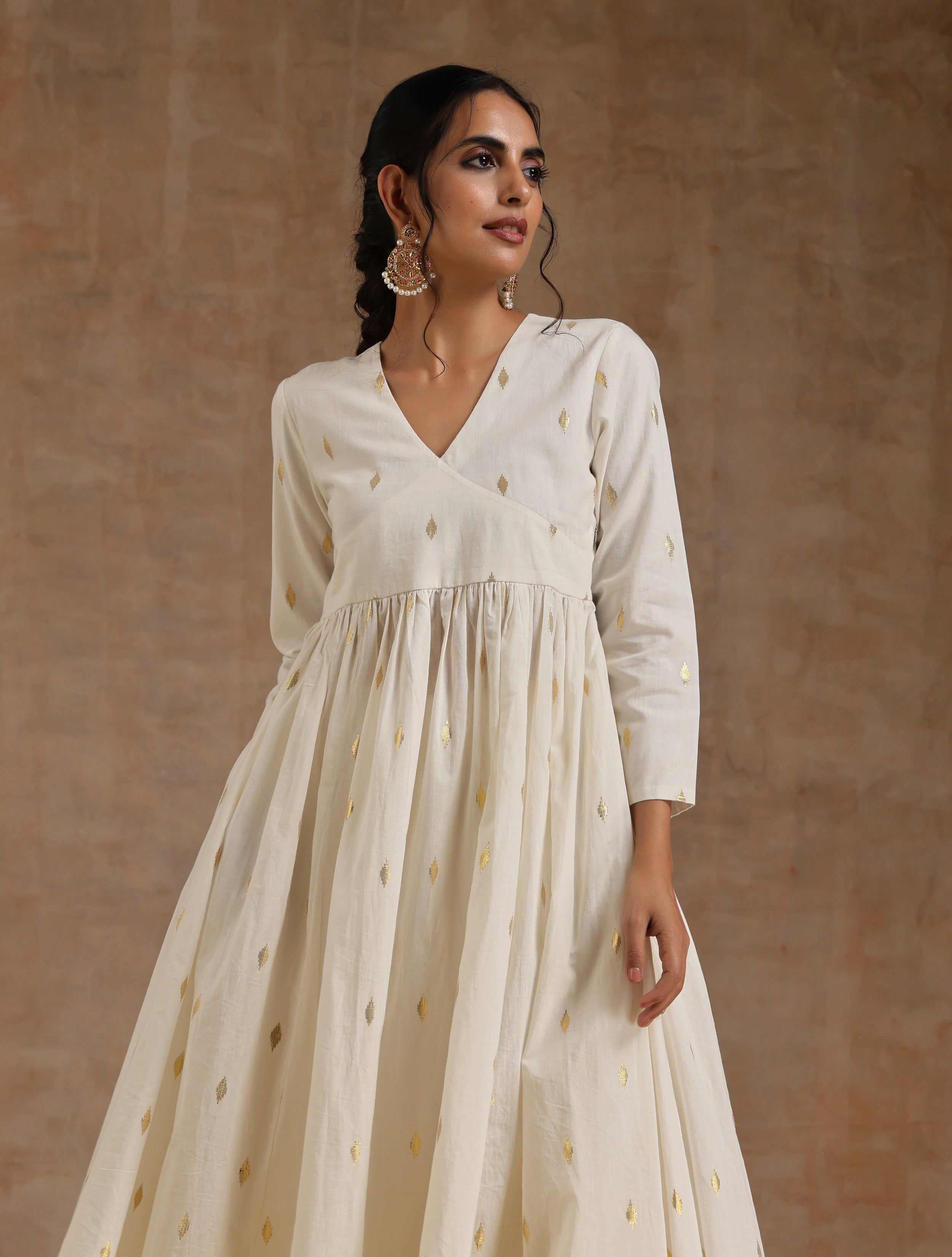 trueBrowns Ivory Gold Cotton Kalidar Kurta Set