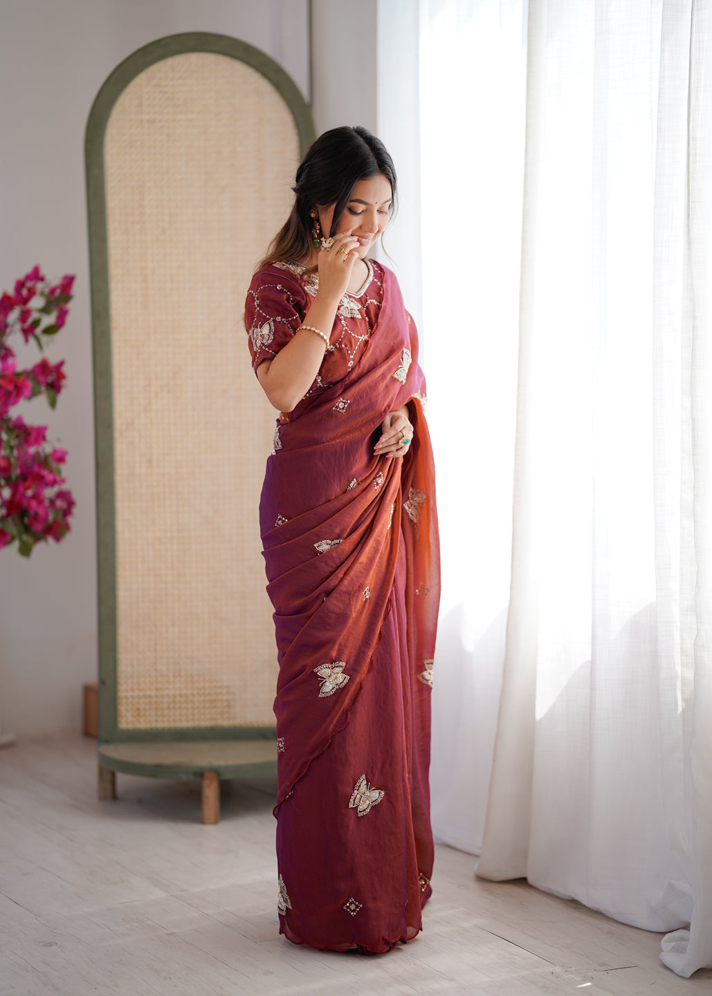 Evanik Rust Mos Silk With Handwork Butterfly Design Saree With Unstitched Blouse