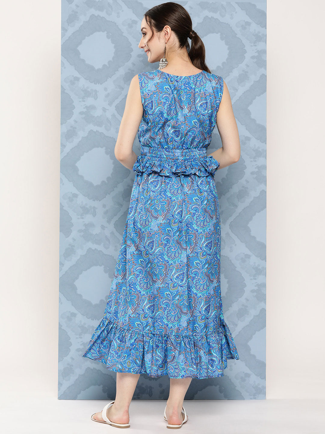 InWeave Women's Sapphire Blue Floral Paisley Print Long Frill Dress