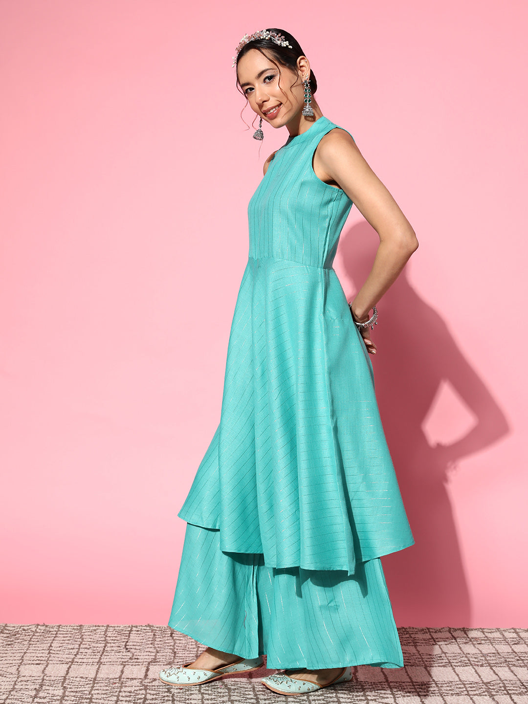 InWeave Women's Teal Lurex Boho Sleevless Kurta Set