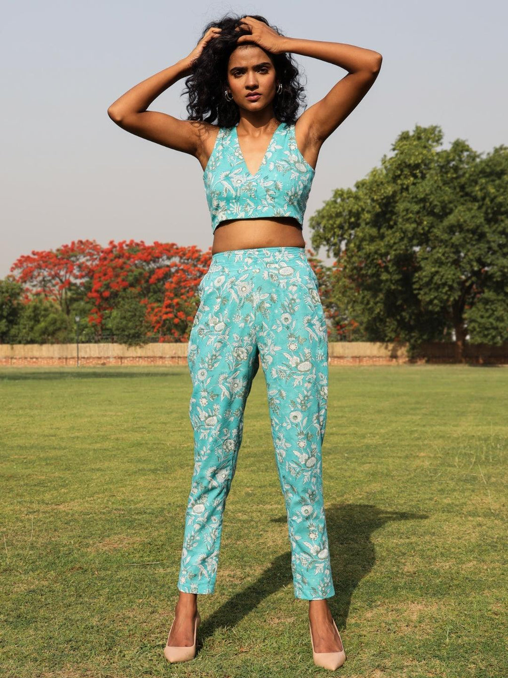 trueBrowns Turquoise Cotton Block Print Pant Suit Set