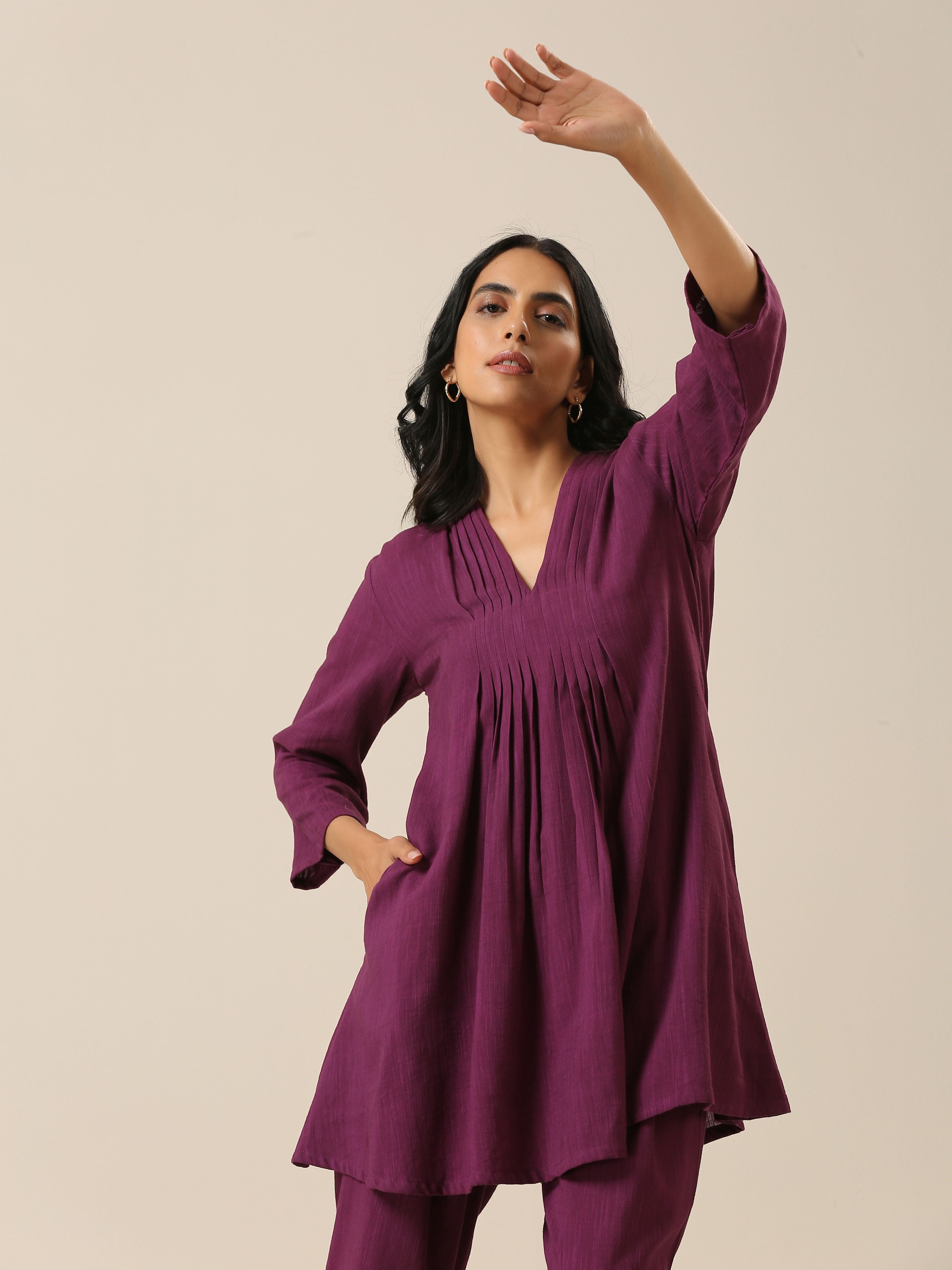 trueBrowns Plum Purple Slub Texture Pleated Co-Ord Set