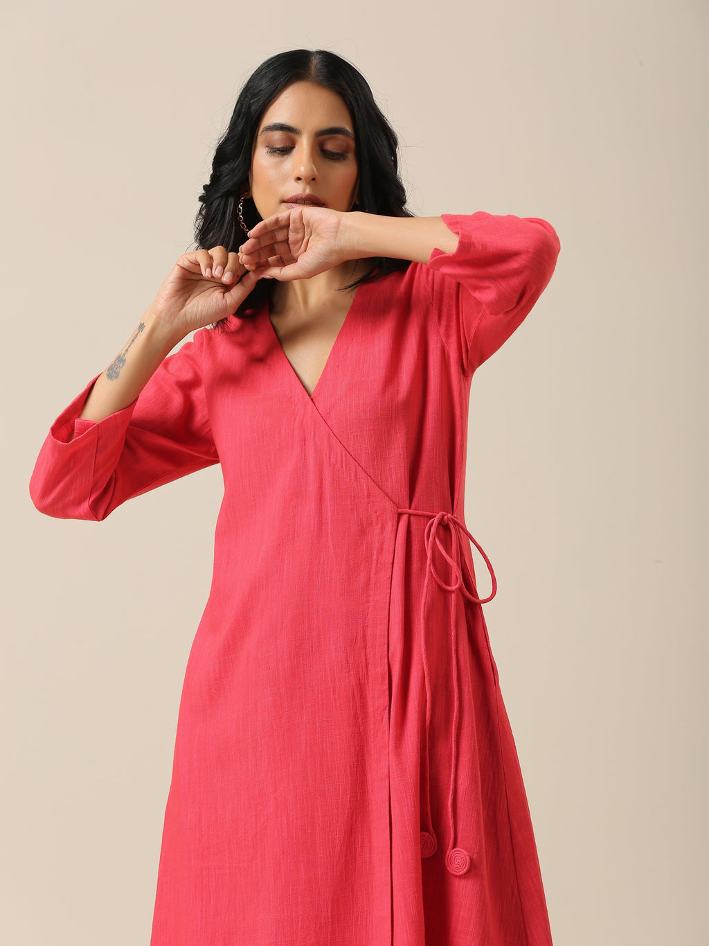 trueBrowns Bright Pink Slub Texture Angrakha Pant Set