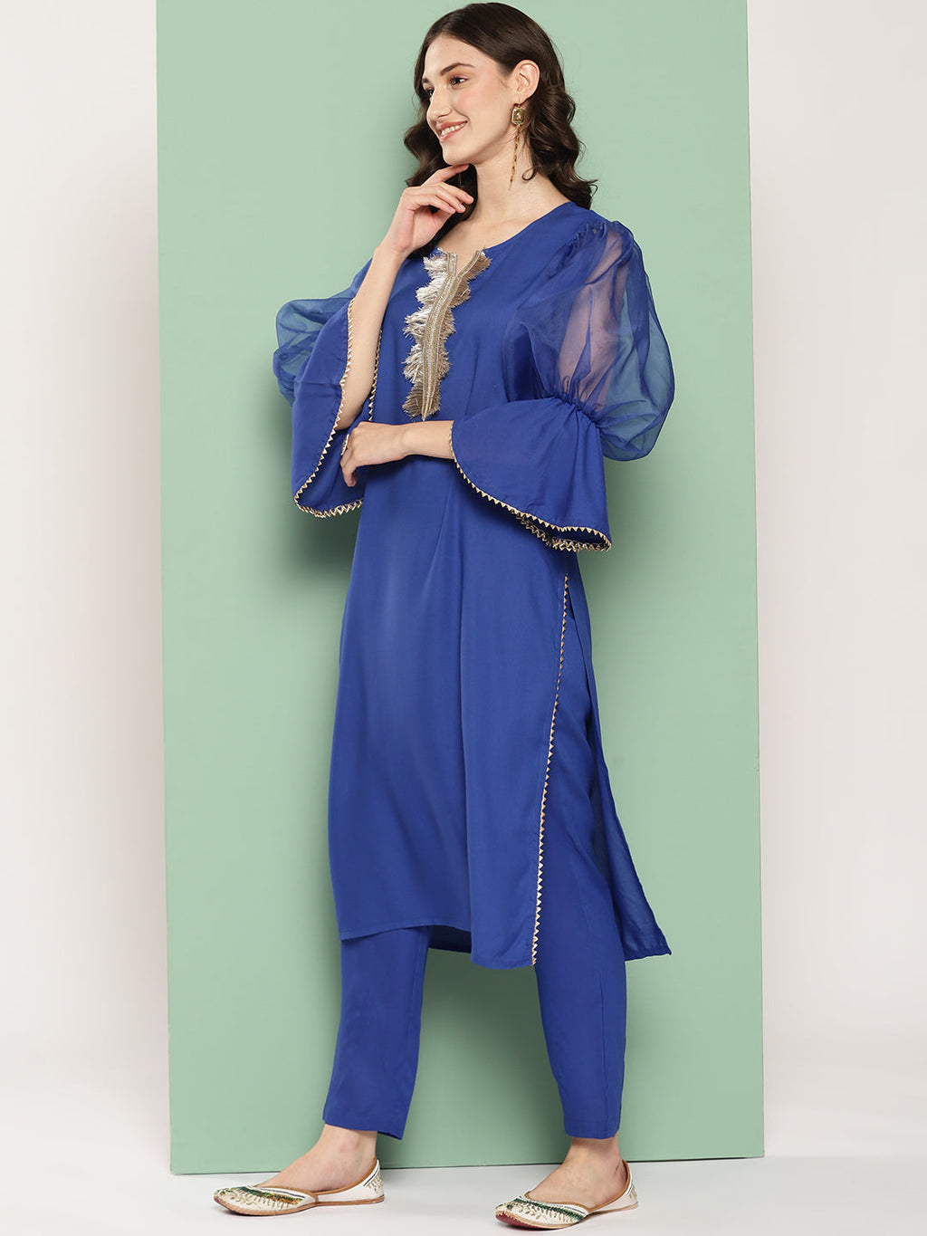 InWeave Women's Ink Blue Organza Sleeve Kurta Set W Blue Fuchsia Or Dupatta