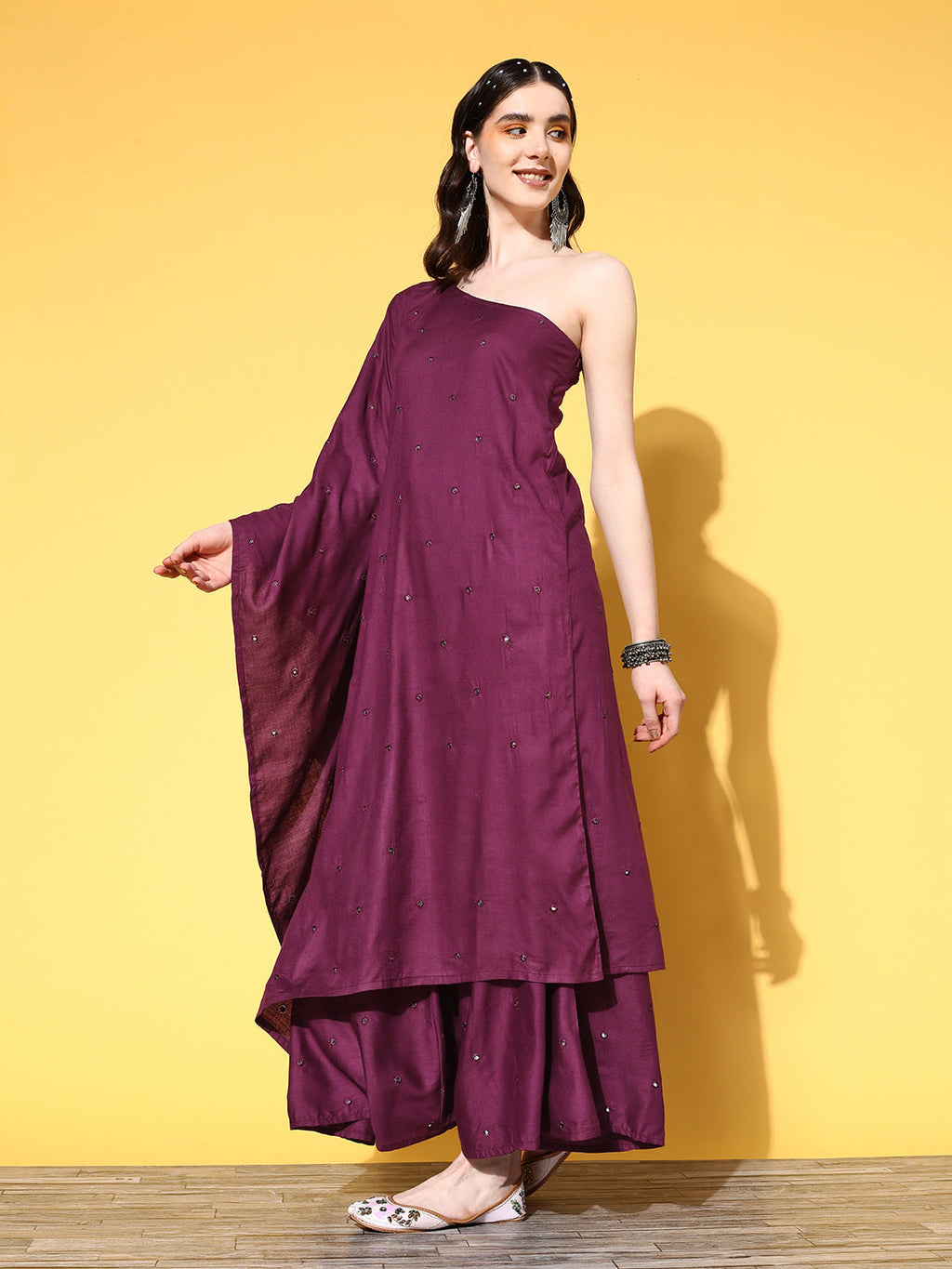 InWeave Women's Wine Mirror Work One Shoulder Kurta Set With Dupatta