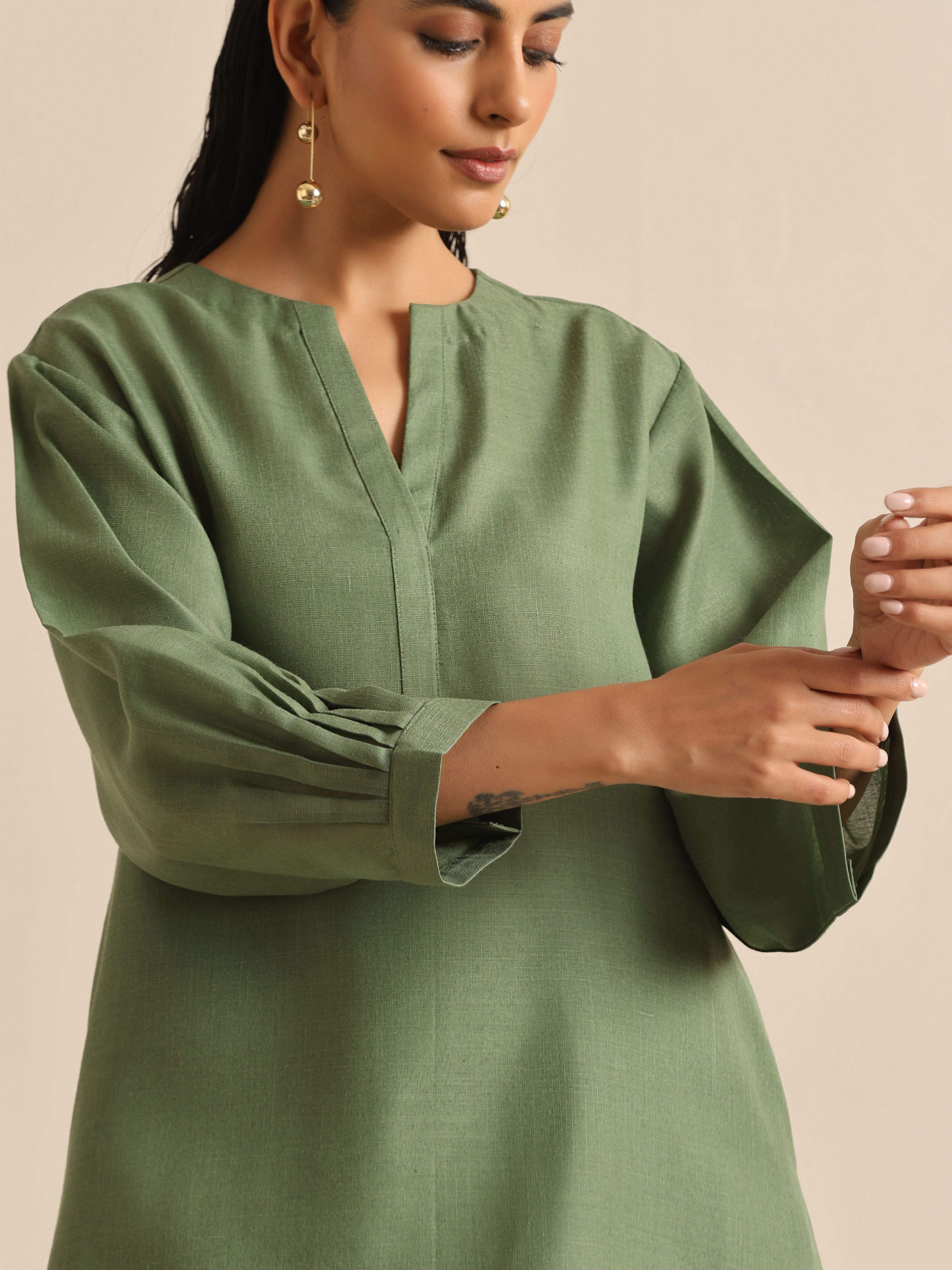 trueBrowns Olive Green Slub Relaxed Placket Co-Ord Set