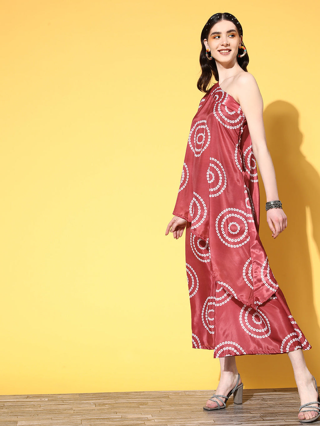 InWeave Women's Maroon Bandhani Motif One Shoulder Palazzo Set