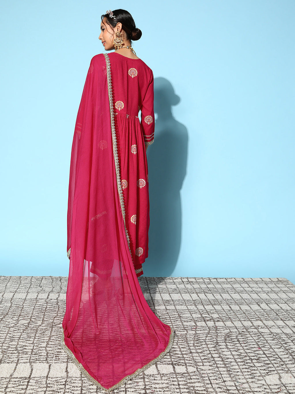 InWeave Women's Pink Nyra Cut Embroidered Kurta Set With Dupatta