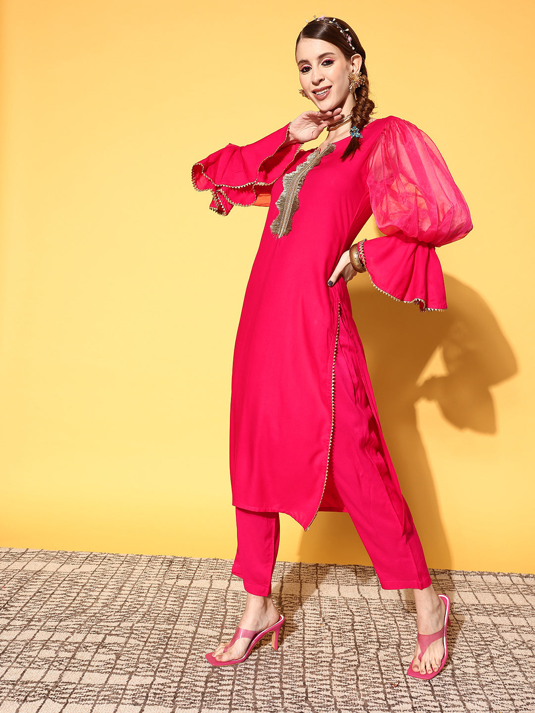 InWeave Women's Fuschia Organza Sleeve Gota Work Kurta Set