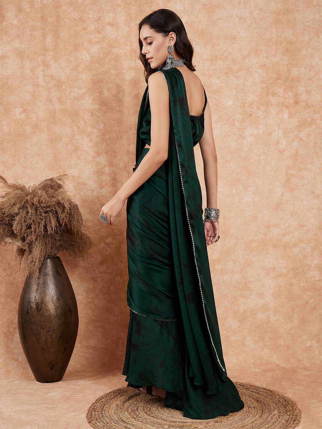 InWeave Women's Dark Green Black Gota Skirt Saree