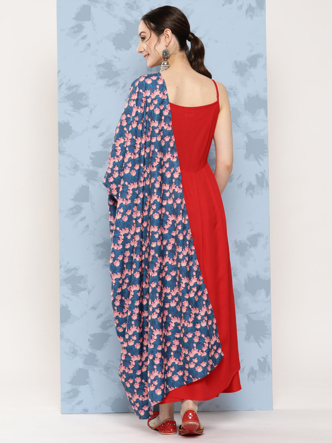 InWeave Women's Red Strappy Set W Navy Pink Lotus Cr Duptta