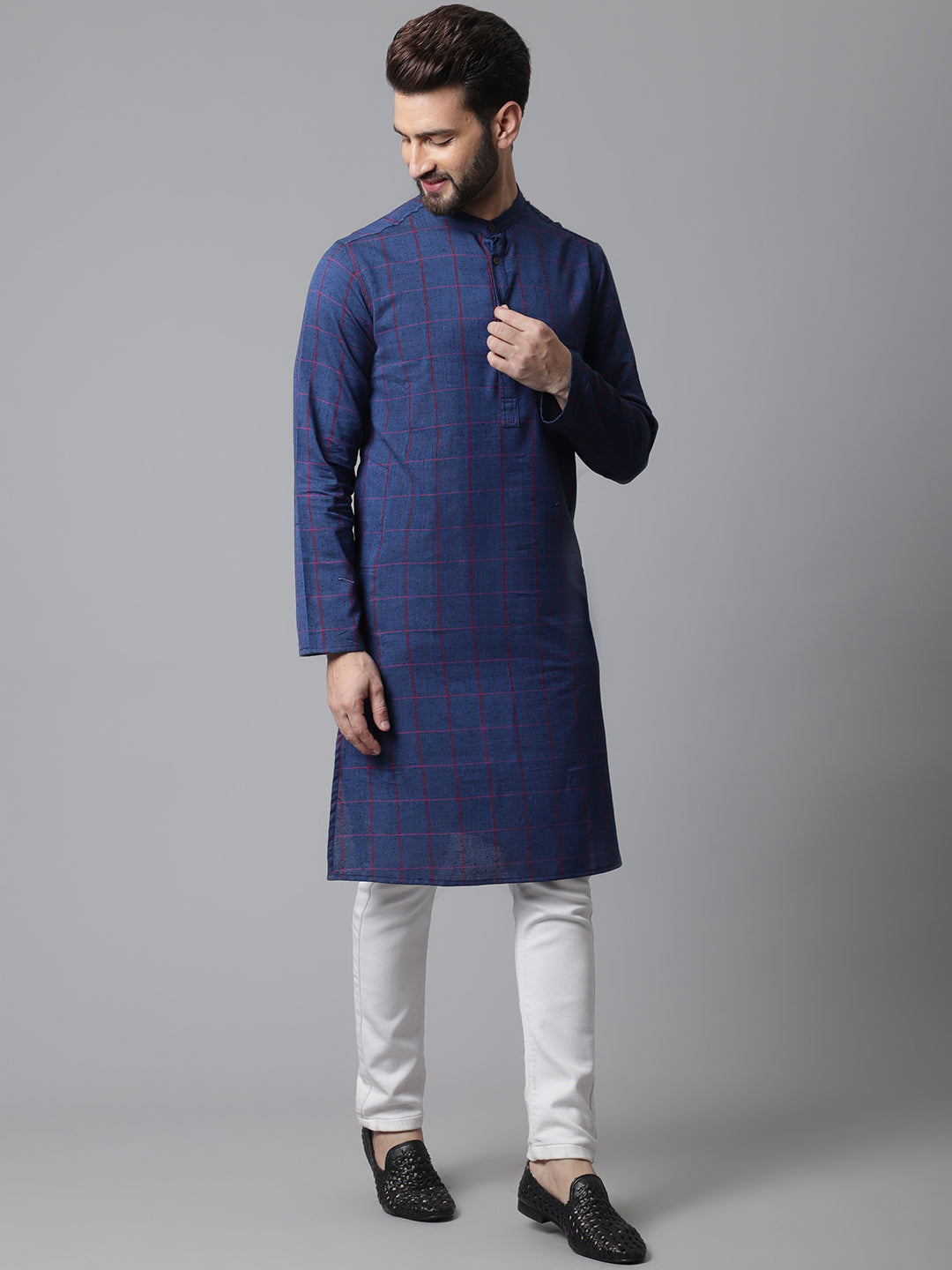 Even Apparels Blue Long Kurta With Band Collar