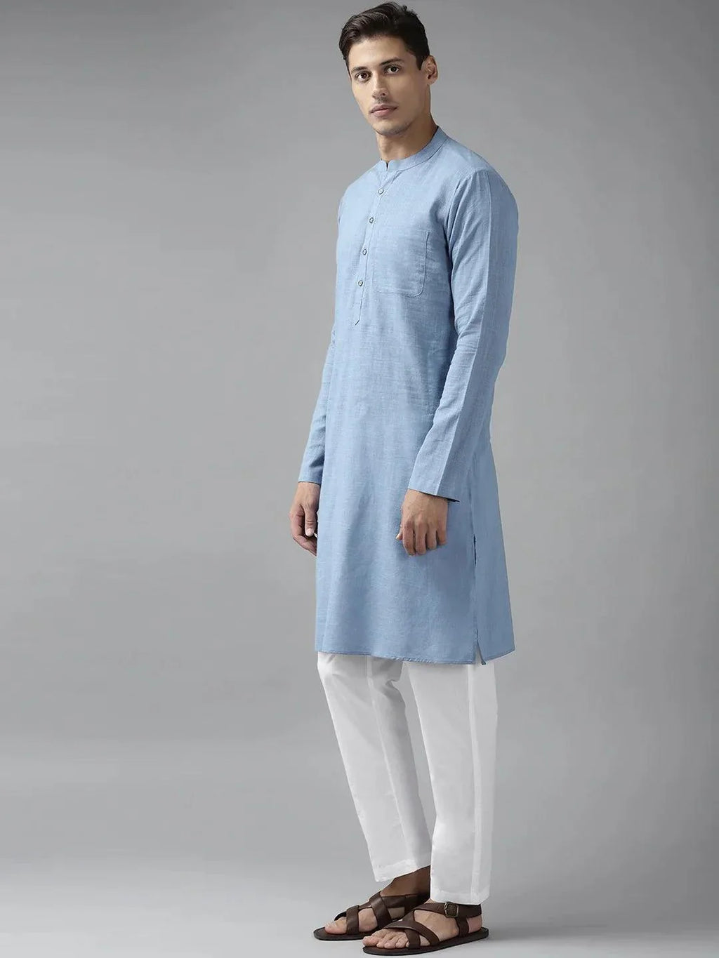 Fabmade Men Blue Cotton Linen Kurta Pyjama
