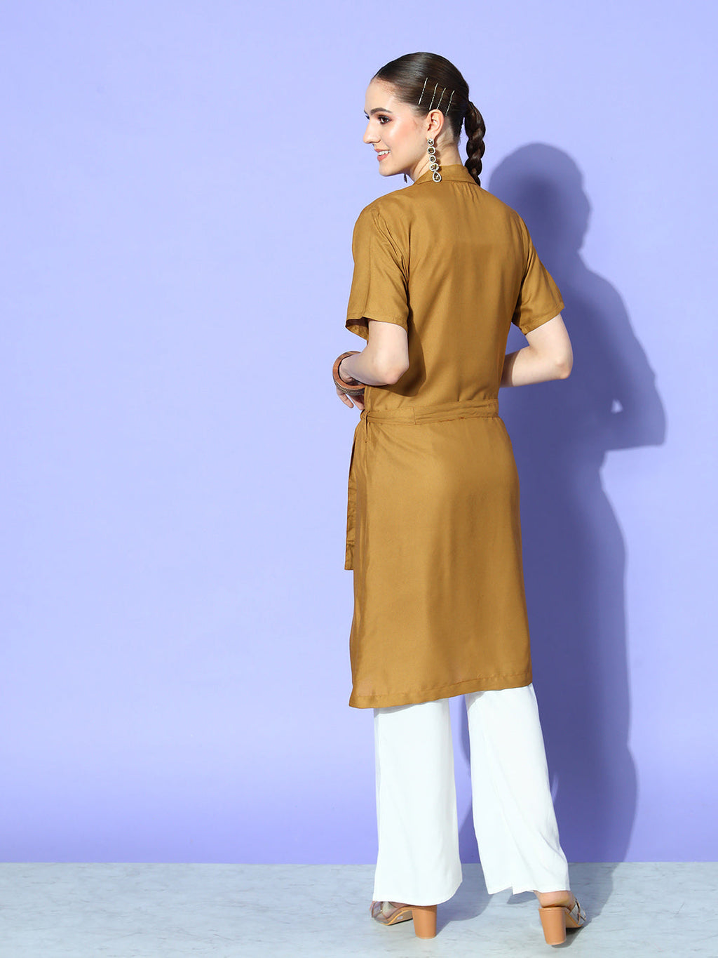 InWeave Women's Camel Brown Cream Pant Coord Set With Peach Crop Top