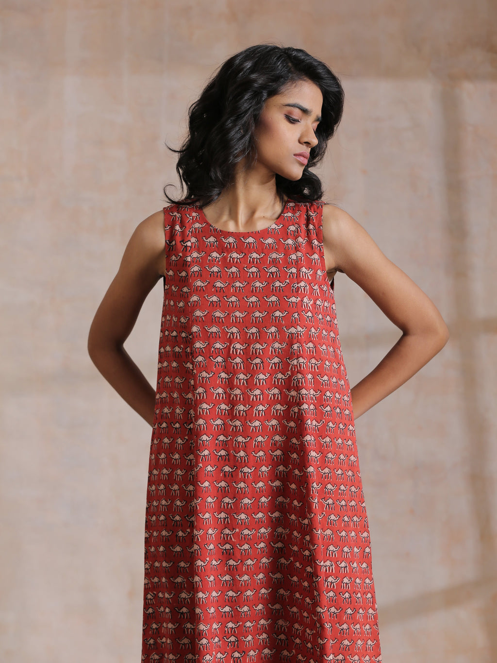 trueBrowns Rust Red Bagru Camel Print Cotton High-Low Co-Ord Set