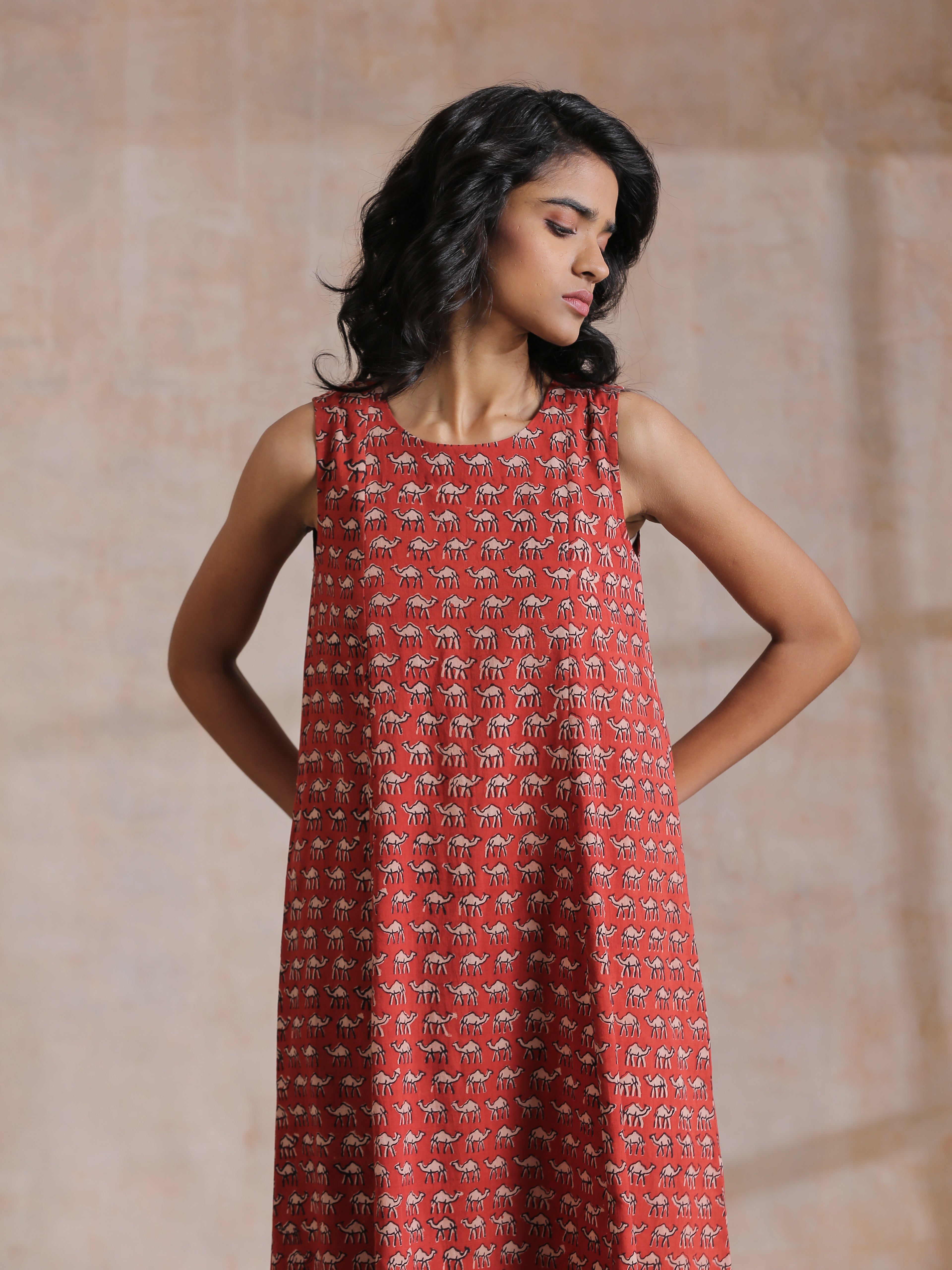 trueBrowns Rust Red Bagru Camel Print Cotton High-Low Co-Ord Set
