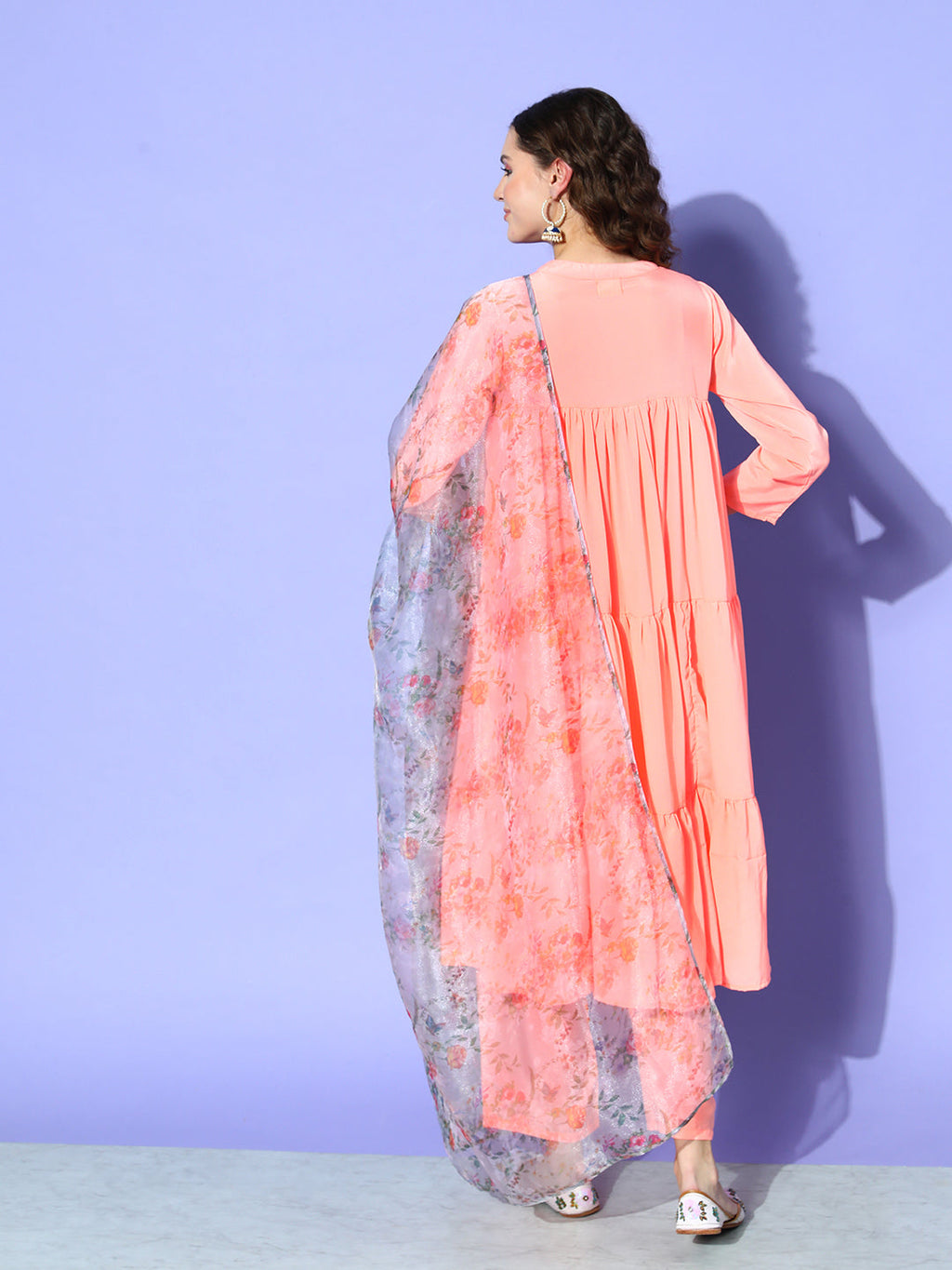 InWeave Women's Peach Flared Kurta Set With Off White Folral Organza Dupatta