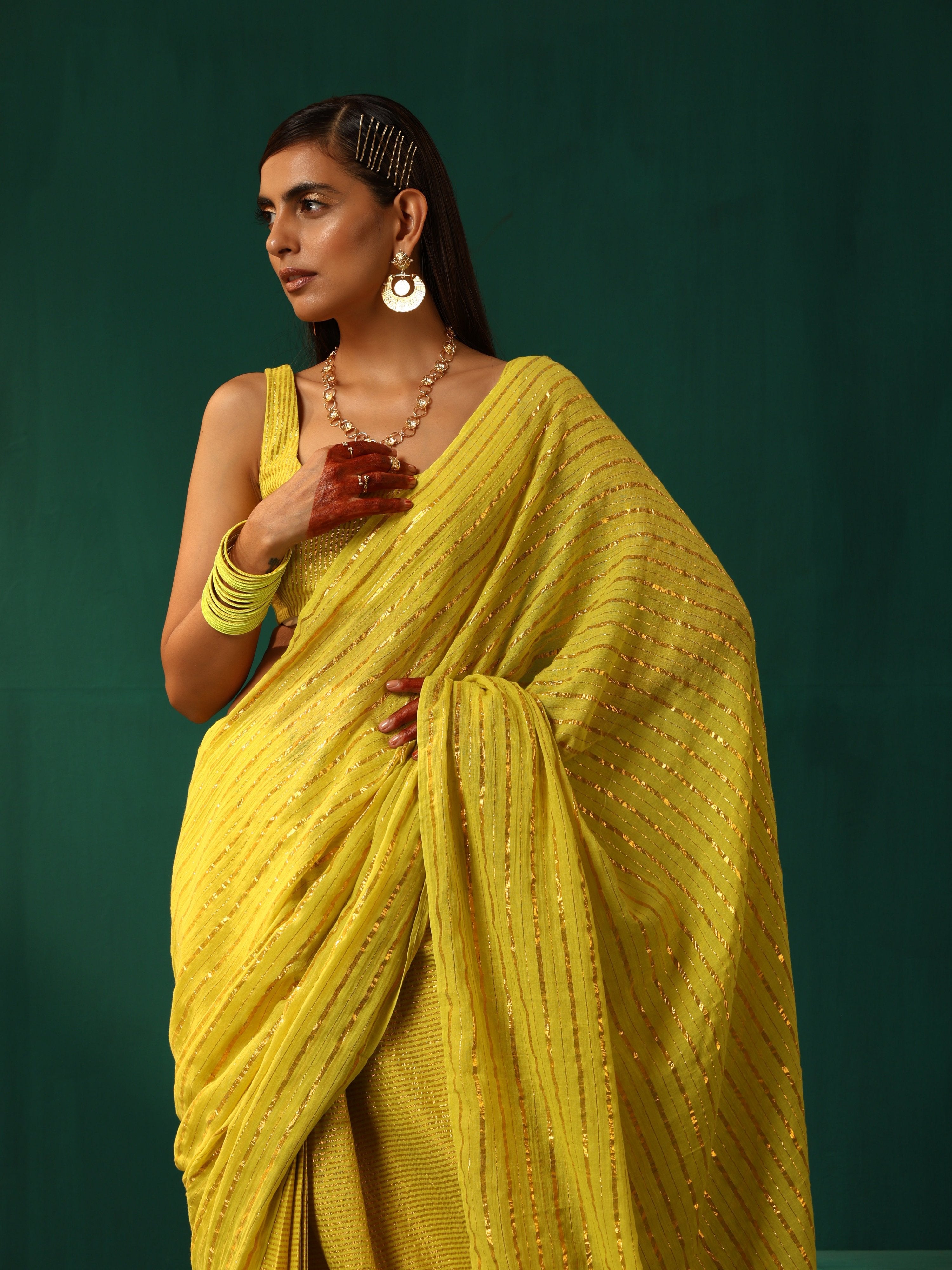 trueBrowns Lime Cotton Gold Lurex Striped Ready to Wear Saree