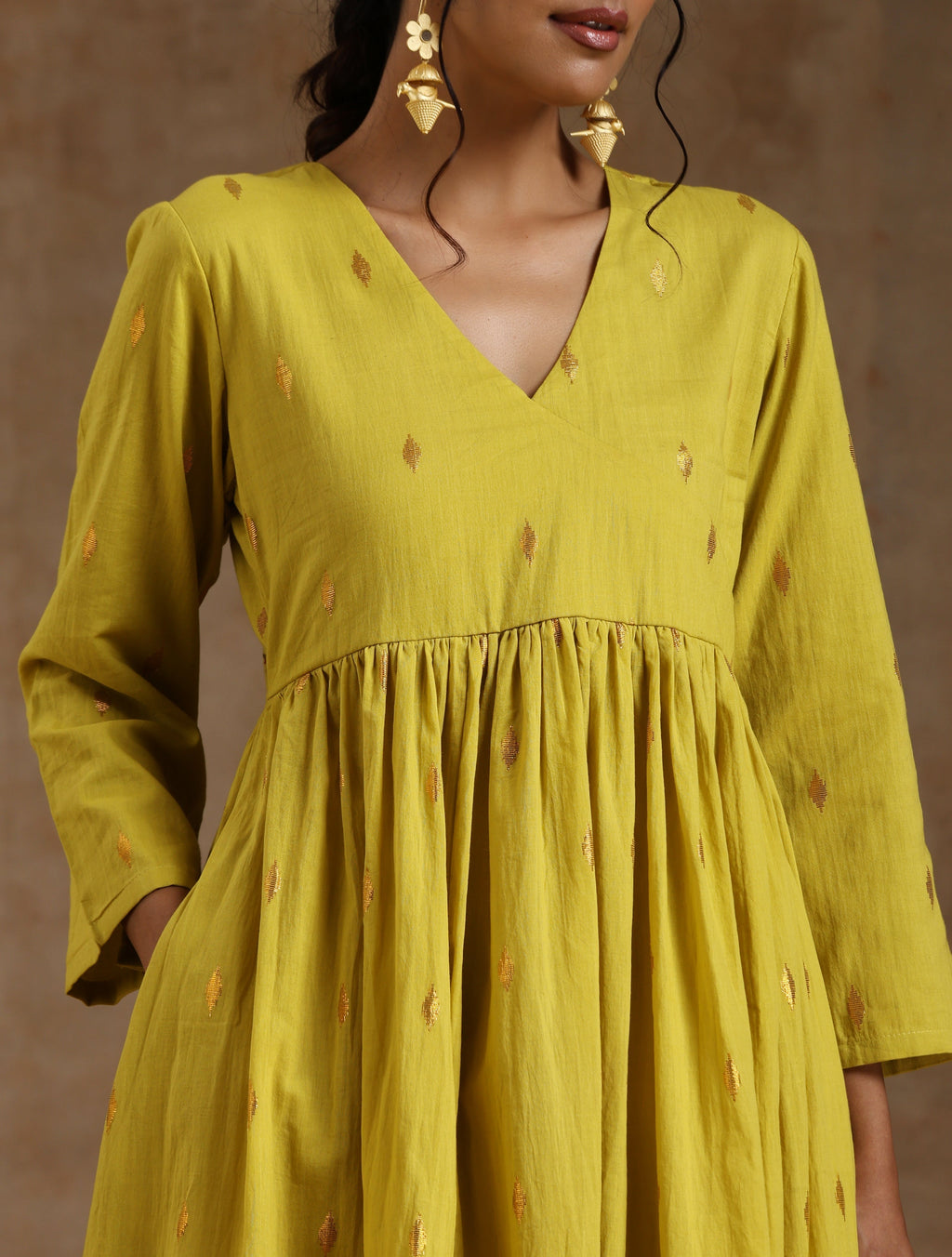 trueBrowns Lime Gold Cotton Kalidar Kurta Set
