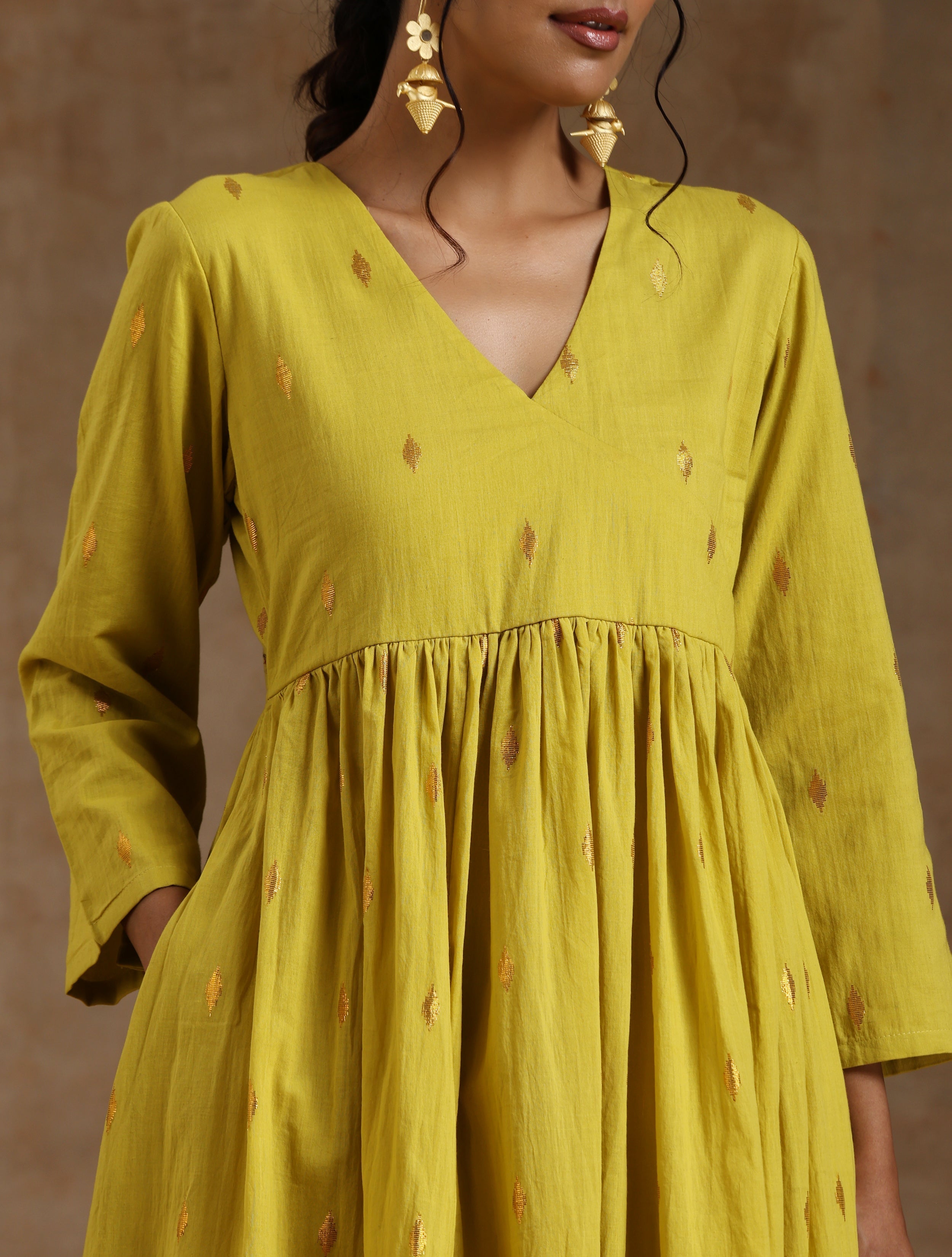 trueBrowns Lime Gold Cotton Kalidar Kurta Set