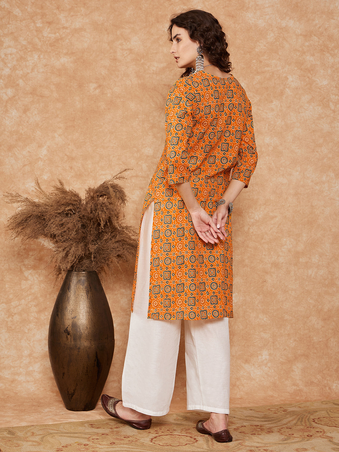 InWeave Women's Mustard Ethnic Print Lace Gota Work Straight Kurta