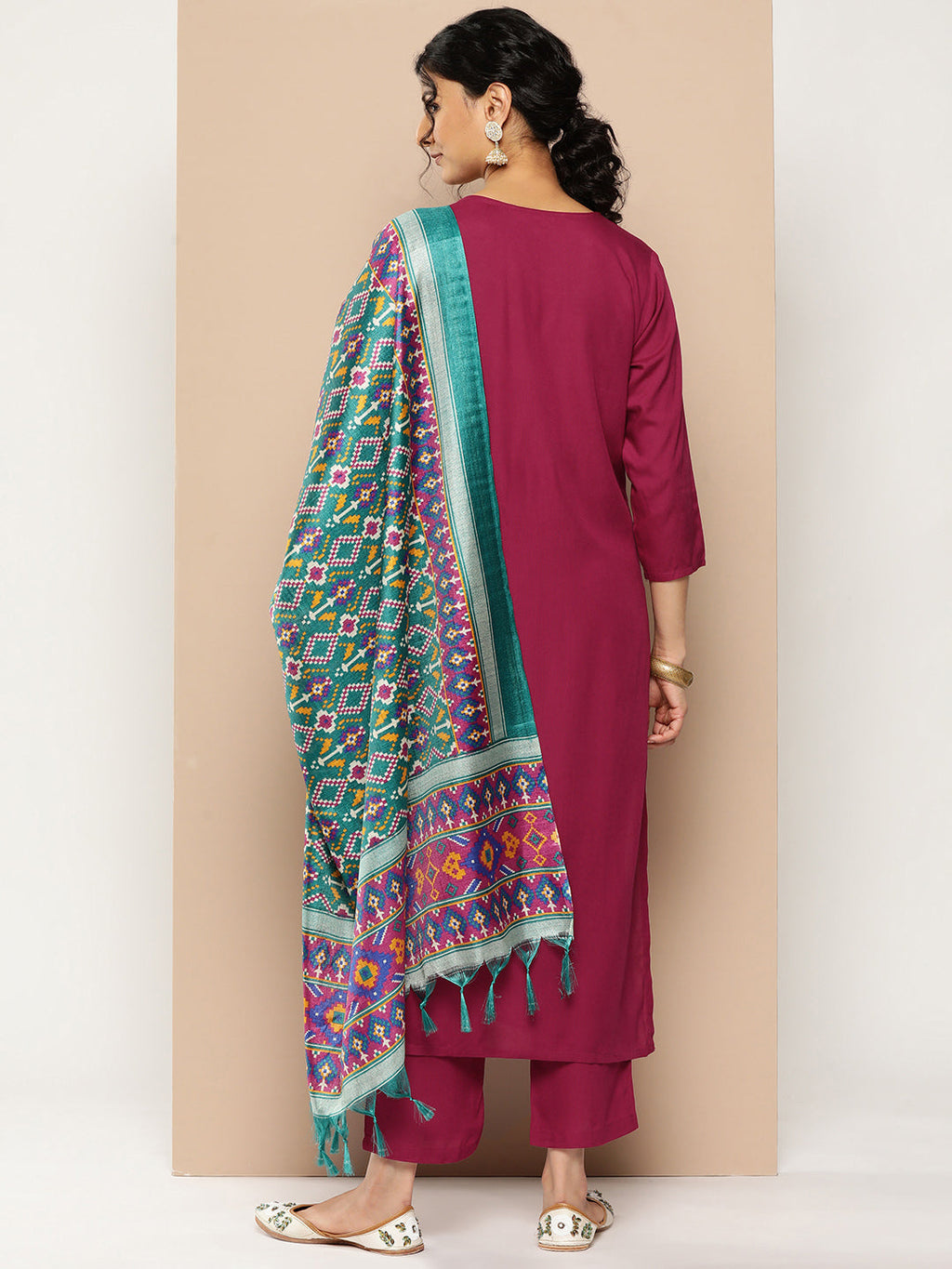 KSUT (House of Varanga) Magenta Kurta With Dori And Zari Embroidered Yoke Paired With Organza Dupatta And Straight Trouser