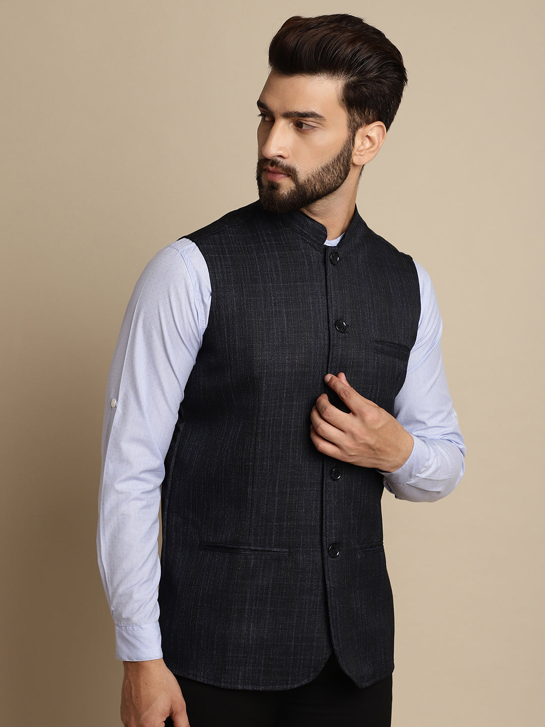 Even Apparels Men's Blue Mandarin Collar Waistcoat